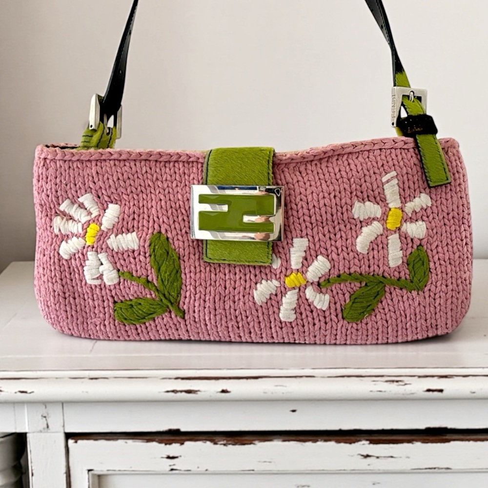 FENDI VINTAGE RARE Y2K Pink Knit Floral Green Cow Print Pony Hair Trim Baguette - Picture 1 of 16